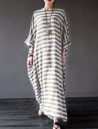  Per donna Abito Midi Finto cotone e lino Vestito a caftano Classico All'aperto Vacanza Ferie Vestibilità regolare A righe Manica Lunga Girocollo Nero Grigio Estate