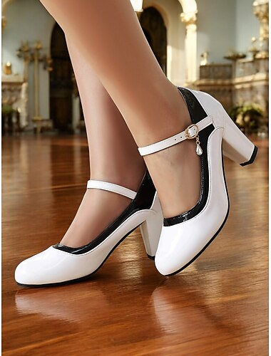  Damen-Mary-Jane-Pumps im Vintage-Stil der 50er Jahre in Schwarz und Rot aus Lackleder – Retro-Pumps mit mittlerem Blockabsatz und Charme für Party- und Abendgarderobe