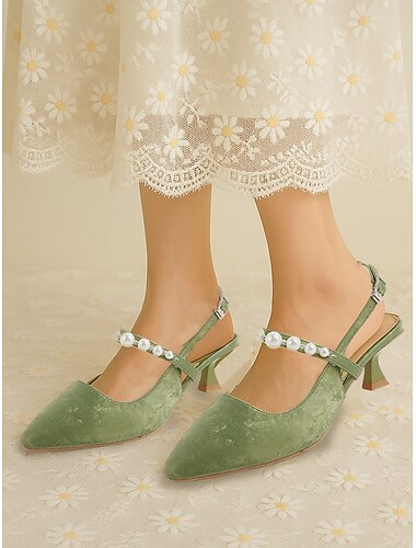  Groene fluwelen kitten heels met parelband voor dames – vintage schoenen met puntige neus voor romantische dates en lente-outfits