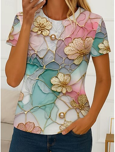  Dames T-shirt Bloemig Grafisch Planten Casual Korte mouw Ronde hals Normale tops Dagelijks Afdrukken Lichtgroen Zomer Lente