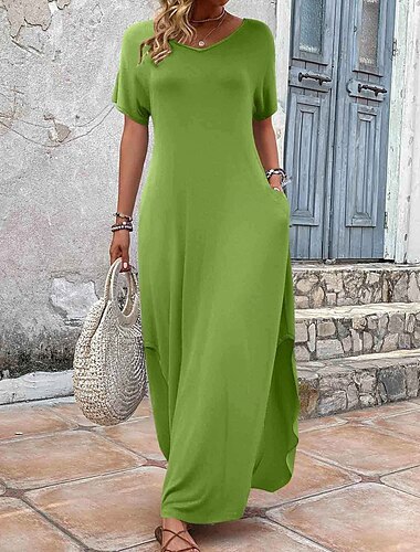 Damen Maxi Kleid Sommerkleid Unifarben Lässig Täglich Feiertag Reguläre Passform Schlicht Kurzarm V-Ausschnitt Schwarz Rosa Lila Grün Sommer