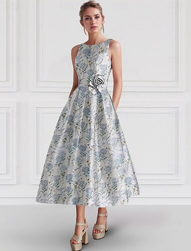  Jacquard Blommig A-linjig Cocktail Klänningar Elegant Klänning Formell Bröllop Ankellängd Ärmlös Crew Neck Nylon med Blommönster Ficka Bröllop Gäst Klänning 2025