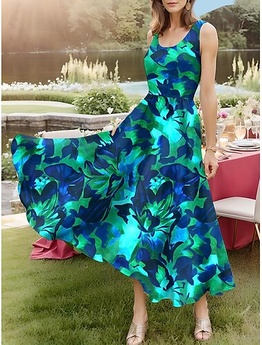  Per donna Abito Midi Vestito Estivo Abito a trapezio Abito a spalle scoperte Vacanza Festa Compleanno All'aperto Feste Uscire Vestibilità standard Floreale Grafico Senza Maniche Collo a U azzurro