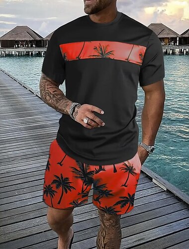  Herren Palme 2St T-Shirts-Sets Sommeroberteile Kurzarm Kurze Hosen Rundhalsausschnitt Lässig Resort Lässig Ausgehen Urlaubskleidung 3D-Druck Sommer Blau Rosa Grün