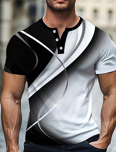  Męskie Geometryczny Abstrakcja Podkoszulek Koszula Henley Krótki rękaw Designerskie Nowoczesny Ulica Codzienny Lato Wiosna Szary Fioletowy Henley Koszulka Henley