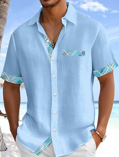  Herren Hemd Leinenhemd Sommerhemd Strandbekleidung Knopfhemd Einfarbig Urlaub Kreuzfahrt Weiß Rosa Marineblau Leicht Blau Kurzarm Kragen Sommer Frühling & Sommer Bekleidung Farbblock