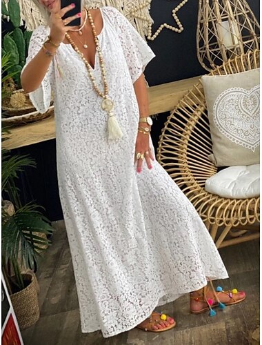  Robe Maxi Femme Robe A Ligne Uni Vacances Décontractée Boho Extérieur Sortie Ajustement Normal Graphique Manches Courtes Col V Noir Blanc Bordeaux Été
