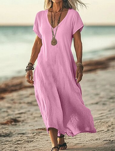  Robe midi féminine robe d'été décontractée quotidienne vacances plage ajustement régulier lin-like unie à manches courtes col en V blanc rose bleu vert été