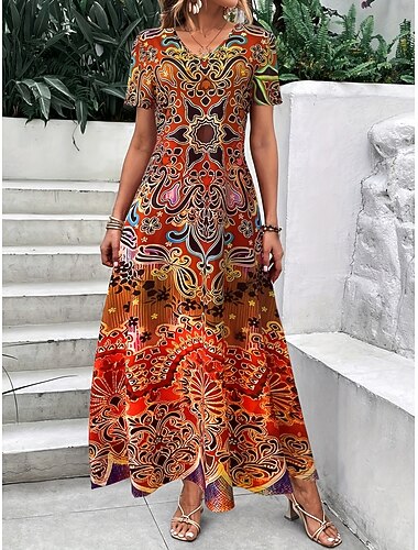  Dam Maxiklänning T shirtklänning Solklänning Sommarklänning Semester Boho Helgdag Normal Grafisk Stam Abstrakt Kortärmad Rund hals Gul Blå Purpur Orange Sommar Vår