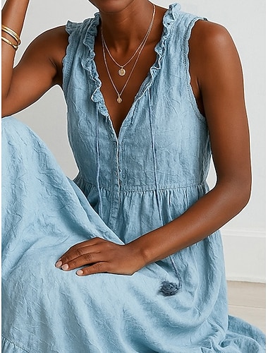  Dames Lange jurk maxi-jurk Imitatie katoenlinnen Hemdjurk Zonnejurk Swingjurk Elegant Basic Modern Strand Vakantie Feestdagen Normale pasvorm Effen Mouwloos V-hals blauw Zomer