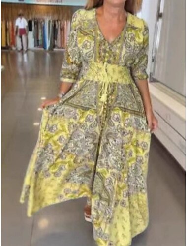  Damen Maxikleid A Linie Kleid Lässig Boho Outdoor Ausgehen Normale Passform Blumen Grafik Dreiviertelarm V Ausschnitt Gelb Rosa Himmelblau Grün Sommer