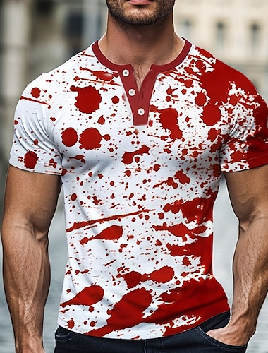 Voor heren Grappig Bloedvlekken T-shirt Henley-shirt Korte mouw Ontwerper Retro vintage modieus Straat Casual Dagelijks Zomer Lente Wit Henley Henley-T-shirt