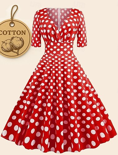  50er Polka Dots A-Linie Kleid Baumwolle Swingkleid Schlagkleid Retro Vintage 1950er Jahre Damenkostüm 3/4 Ärmel Midikleid