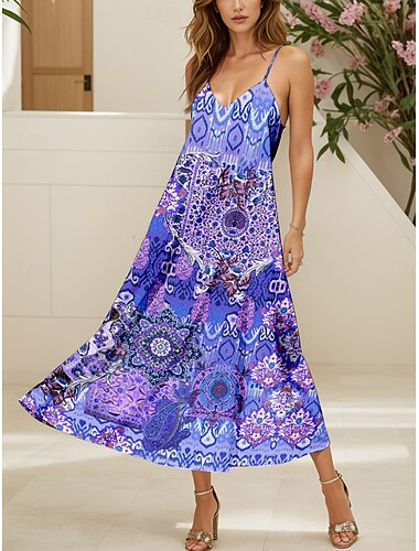  Women's Maxi Dress Sundress A Line Dress Slip Dress Vacation Casual Boho Beach Regular Fit Graphic Vintage Boho Paisley Damask Sleeveless V Neck Blue Purple Orange Green Summer Spring
