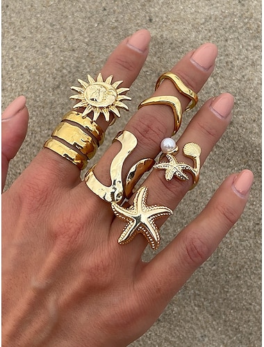  Ensemble de bagues style océan en or et argent pour femme - ensemble de bagues réglables bohèmes en plusieurs pièces avec des décorations d'étoiles de mer, de soleil, de coquillages et de perles, parfait pour les vacances à la plage et les looks d'été