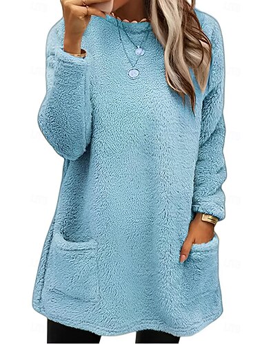  Sudadera de mujer casual sherpa lisa para uso diario cuello redondo bolsillo manga larga rosa azul verde gris otoño invierno
