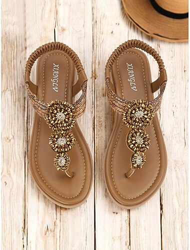  Women's Bohemian Brown Beaded T-Strap Sandals with Floral Embellishments, Perfect for Casual Summer Outings and Beachwear