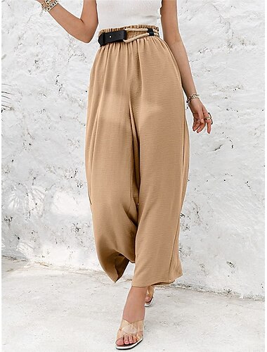  Damen Baumwoll-Leinen Weite Beinhosen Einfarbige Chinos Baggy-Hosen Leggings Basic Lässig Voll Länge Hohe Taille Einfache Taschen Elastischer Bund Komfort Outdoor Mikro-elastisch Urlaub Straße
