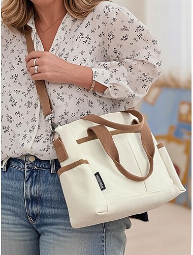  Damen-Tragetasche aus Canvas – lässige zweifarbige Handtasche mit großem Fassungsvermögen, Design mit mehreren Taschen, leichte Umhängetasche für den täglichen Gebrauch, Reisen und wichtige Dinge für Mama