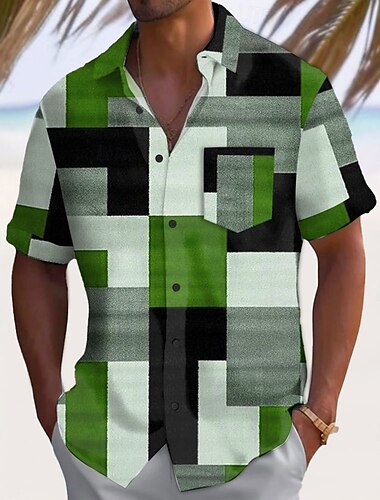  Herren Geometrisch Farbblock Patchwork Hemd Freizeithemd Knopfhemd Kurzarm Modisch lässig Urlaub Alltagskleidung Ferien Sommer Frühling Umlegekragen 3D-Druck Hemden mit Kragen Eine Tasche vorne Rote