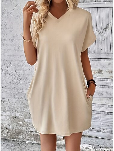  Damen Mini Kleid T-Shirt Kleid Tee Kleid einfarbig Sommer Kleid lässig täglich reguläre Passform Grafik Kurzarm V-Ausschnitt Schwarz Rot Olivgrün Aprikose Sommer