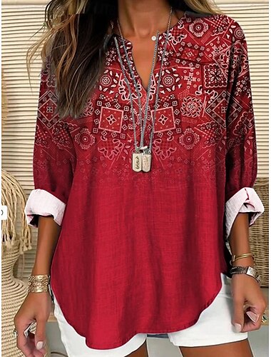  Dames Katoen Linnen Shirt Bloem Hawaii Basis Casual Lange Mouw V-hals Normale Tops Dagelijkse Vakantie Knopen Print Roze Rood Marineblauw Blauw Paars Zomer Lente