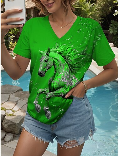  Kentucky Derby Damen T Shirt Grafik Tiermotiv Pferd Vintage Stilvoll Klassisch Kurzarm V Ausschnitt Normale Oberteile Täglich Wochenende Druck Rote Purpur Grün Sommer Frühling