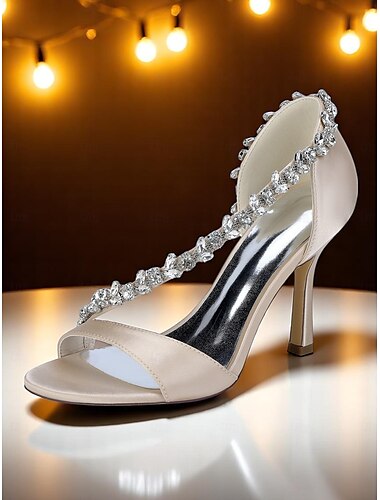  Tacones altos de satén color champán para mujer con tira en T de cristal: elegantes tacones de aguja abiertos para cócteles y eventos formales.