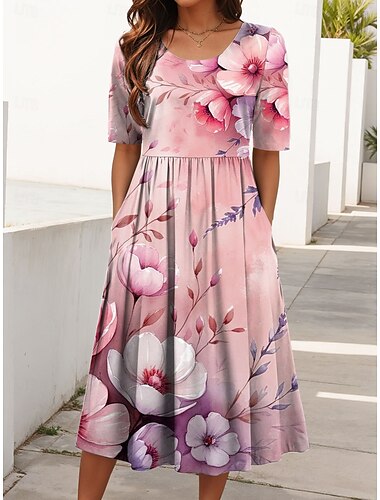  Damen Midikleid Sommerkleid Faltenkleid Urlaub Lässig Strand Täglich Ferien Normale Passform Blumen Grafik Kurzarm Rundhalsausschnitt Rosa Blau Beige Sommer