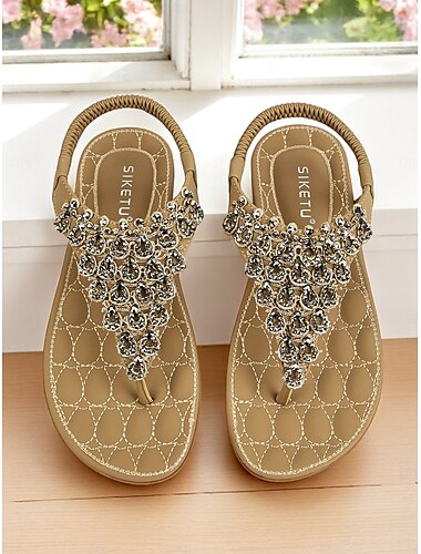  sandali piatti con cinturino a T e strass da donna: scarpe estive scintillanti in stile boho per vacanze al mare, uscite casual e abbigliamento da resort