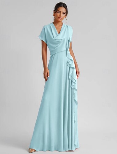  gelbes A-Linien-Cocktailkleid, elegantes Hochzeitsgastkleid, bodenlang, 3/4-Ärmel, V-Ausschnitt, Stretch-Krepp mit gerüschten Rüschen, 2025