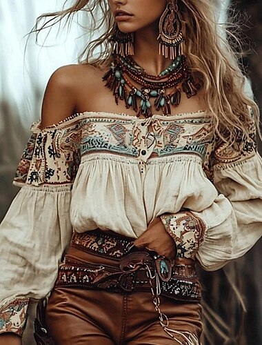  Dam västerländsk blus Boho skjorta Blus Blomma Modern Boho Långärmad Över axeln Vanliga toppar Dagligen Utekväll Mönster Aprikos Sommar