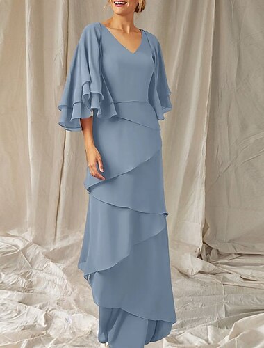  Tweedelig A-lijn Moeder van de bruid jurk Bruiloft gast Elegant Wrap inbegrepen V-hals Tot de grond Chiffon Halve mouw Wrap inbegrepen met Geplooid 2025