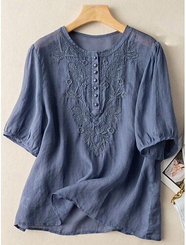  Women's Shirt Floral Basic Casual Half Sleeve Crew Neck Regular Tops Daily Ruched Embroidered Buttons White Yellow Blue Khaki Summer