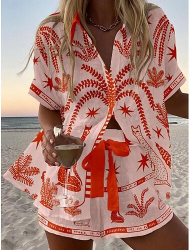  Completi da donna 2 pezzi moda streetwear quotidiano pantaloni shorts a maniche corte camicia colletto stampa grafica floreale vacanza casual quotidiano giallo rosa rosso estate regular fit