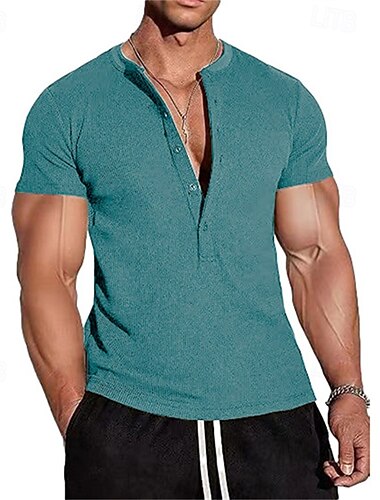  Pánské Tričko Tričko Henley Trička Tričko s krátkým rukávem Krátký rukáv Henley Léto Jaro Bez vzoru Módní Designové Základní Knoflíky Dovolená ulice Jdeme ven Černá Vodní modrá Trávová zelená Top