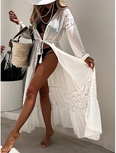  Bañadores de mujer cubiertos traje de baño encaje en patchwork vacaciones ropa de playa color sólido cuello en V de manga larga trajes de baño