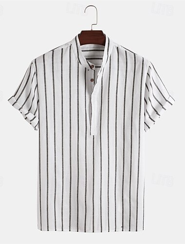  Herren Hemd Leinenhemd Popover-Hemd Freizeithemd Streifen Urlaub Straße Schwarz Weiß Hellgrün Königliches Blau Kurzarm Stehkragen Sommer Bekleidung Button-Down