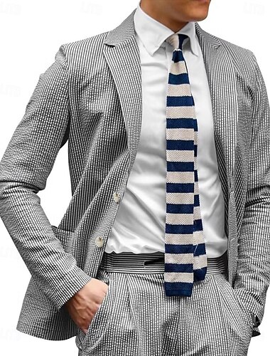  Trajes casuales de seersucker para hombres azul cielo bodas de verano diario ligero rayado corte estándar 2 piezas de un solo botón y dos botones