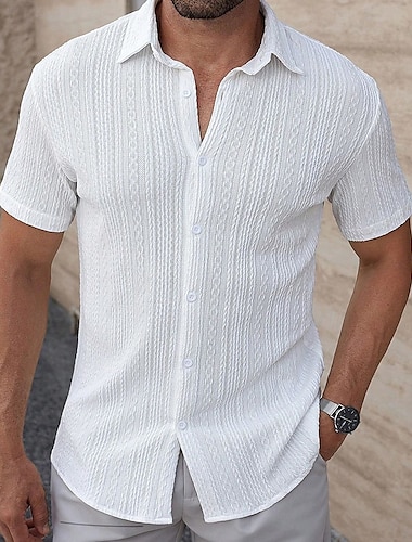  Voor heren Overhemd Zomer overhemd Normaal shirt Strand hemd Overhemd met knopen Licht Roze Zwart Wit Bordeaux Beige Korte mouw Effen / effen kleur Revers Vakantie Hawaii Kleding Polyester Modieus