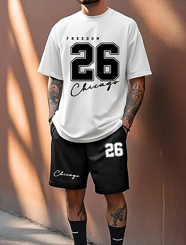  Herren Text / Nummer 2St T-Shirts-Sets Sommeroberteile Kurzarm Kurze Hosen Rundhalsausschnitt Athleisure Sport Alltagstauglich Rundhalsausschnitt Sommer Schwarz Weiß Grün