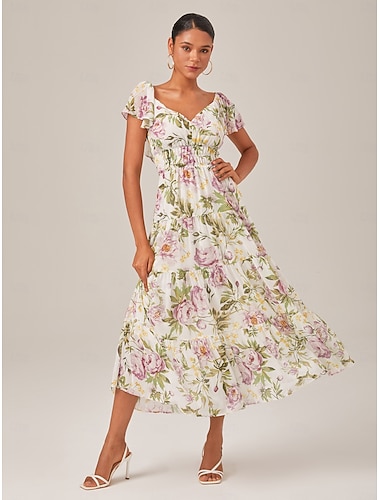  Damen Chiffonkleid Maxikleid Gelb Sommer Herzförmiger Ausschnitt Elegant Urlaub Mode S M L