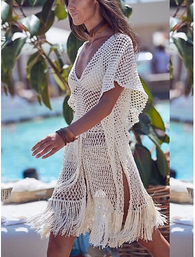  Bañadores de mujer cubiertos vestido de baño traje de baño dobladillo de flecos vacaciones ropa de playa color sólido cuello en V de manga corta trajes de baño
