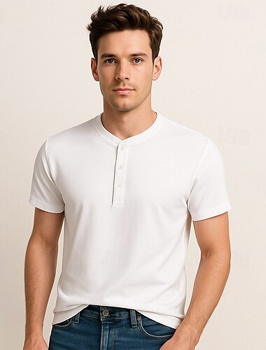  Herren T Shirt Kurzarm Einheitliche Farbe Täglich Lässig Knopf hoch Schnelltrocknend Henley Schule Outdoor Urlaub Ganzjahres Dunkelgrau Schwarz Weiß Henley T-Shirt