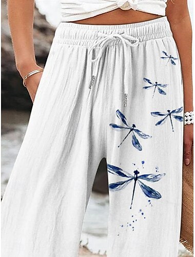  Women's Wide Leg Baggy Pants Beach Shorts Vacation Vintage Fashion Full Length High Waist Graphic Flower / Floral Drawstring Printing Breathable Soft Micro-elastic Vacation Causal Casual White Blue