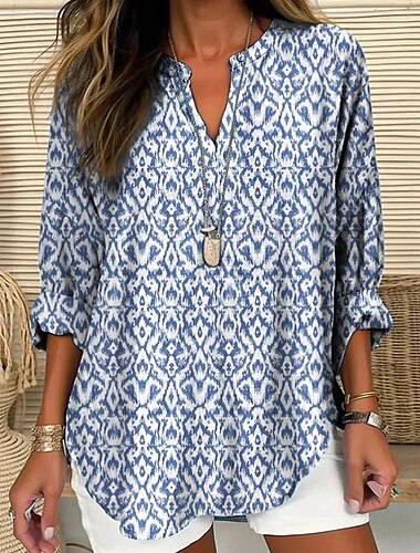  Damen Bluse Blumen Grafik Vintage Tropisch Hawaiianisch Langarm V Ausschnitt Normale Oberteile Täglich Ferien Urlaubskleidung Druck Blau Grün Grau Leicht Blau Sommer Frühling
