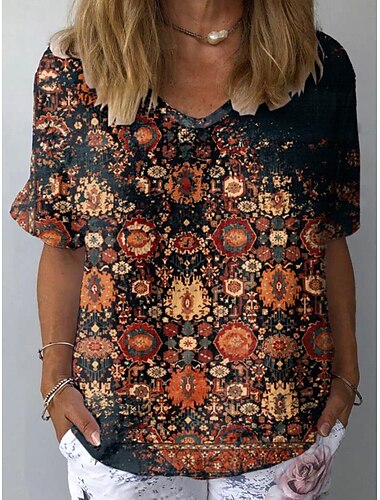  Damen Bluse Blumen Grafik Vintage Tropisch Stilvoll Kurzarm Dreiviertelarm V Ausschnitt Normale Oberteile Täglich Wochenende Urlaubskleidung Kastanienbraun Wein Marineblau Sommer Frühling