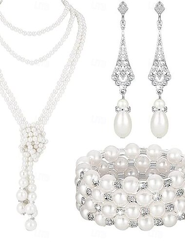  Colar francês retrô elegante e luxuoso de pérolas leves e pingentes de personalidade, conjunto de brincos e pulseiras