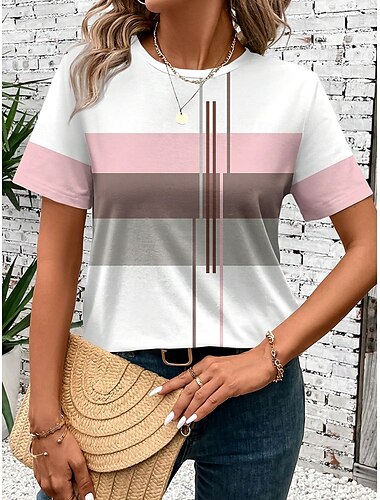  Women's T Shirt Graphic Geometric Striped Vintage Stylish Classic Short Sleeve Crew Neck Round Neck Regular Tops Daily Print Pink Summer Spring