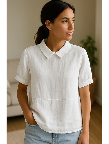  Per donna Camicia in cotone e lino Semplice Moderno Manica Corta Colletto a Camicia Top Regolari Quotidiano Bianco Blu Estate